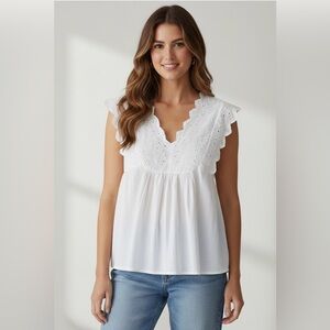 Lucky Brand White Cotton Deep Scalloped V-Neck  Embroidered Blouse, NWOT, Med